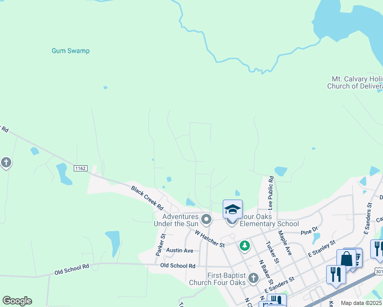 map of restaurants, bars, coffee shops, grocery stores, and more near 257 Pecan Valley Way in Four Oaks