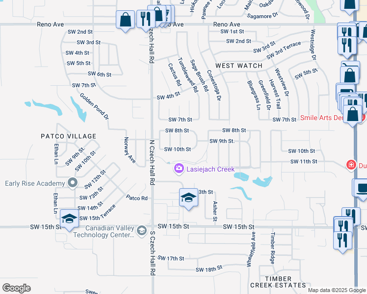 map of restaurants, bars, coffee shops, grocery stores, and more near 1012 Cimarron Creek Drive in Yukon