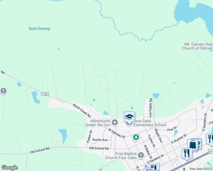 map of restaurants, bars, coffee shops, grocery stores, and more near 257 Pecan Valley Way in Four Oaks