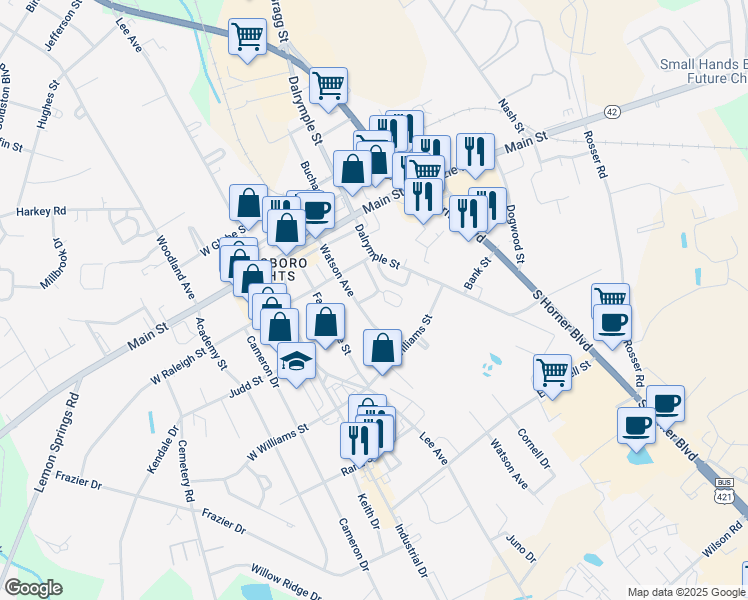map of restaurants, bars, coffee shops, grocery stores, and more near 206 Jones Street in Sanford
