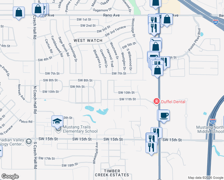 map of restaurants, bars, coffee shops, grocery stores, and more near 11645 Southwest 10th Street in Yukon