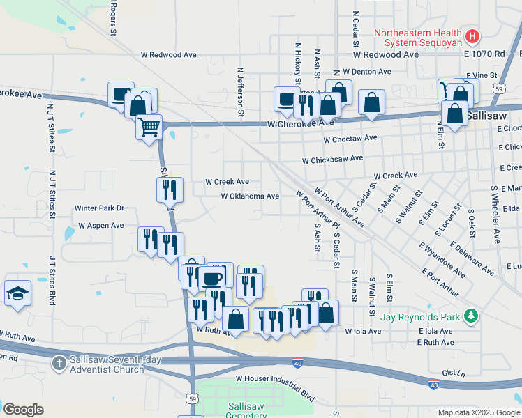 map of restaurants, bars, coffee shops, grocery stores, and more near 401 South Adams Street in Sallisaw