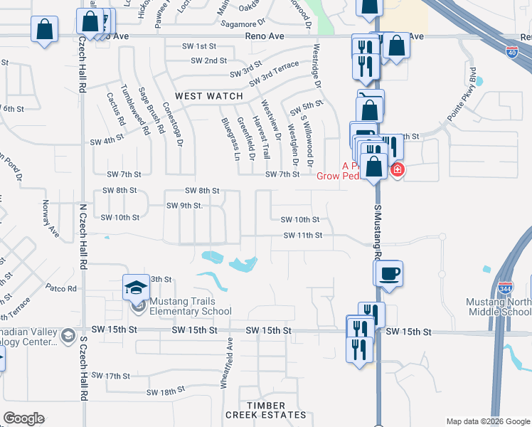 map of restaurants, bars, coffee shops, grocery stores, and more near 11645 Southwest 10th Street in Yukon
