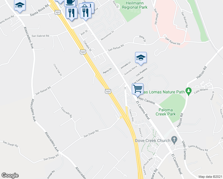 map of restaurants, bars, coffee shops, grocery stores, and more near 1050 La Costa Court in Atascadero