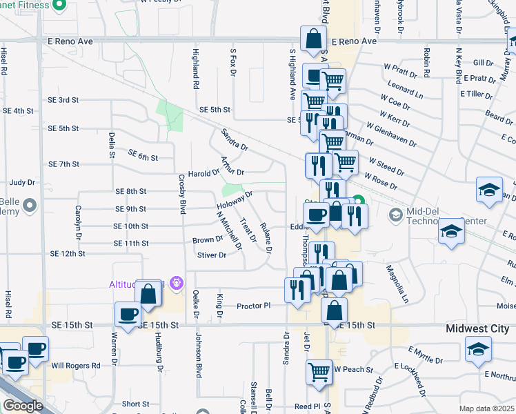 map of restaurants, bars, coffee shops, grocery stores, and more near 2021 Anthony Circle in Midwest City