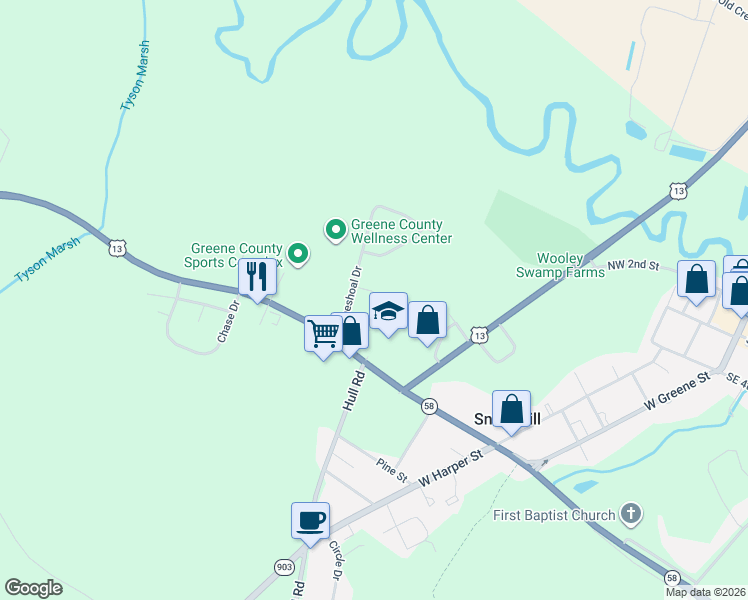map of restaurants, bars, coffee shops, grocery stores, and more near 105 Lakeshore Drive in Snow Hill