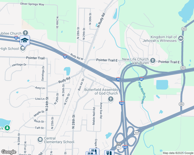 map of restaurants, bars, coffee shops, grocery stores, and more near 2735 Marianne Lane in Van Buren