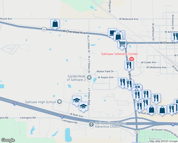 map of restaurants, bars, coffee shops, grocery stores, and more near 2103 Winter Park Drive in Sallisaw