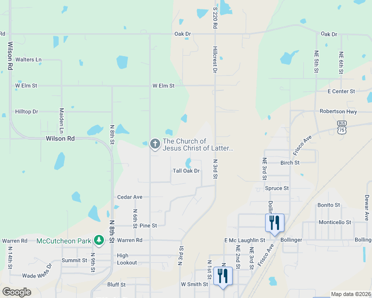 map of restaurants, bars, coffee shops, grocery stores, and more near 1603 Oakwood Drive in Henryetta