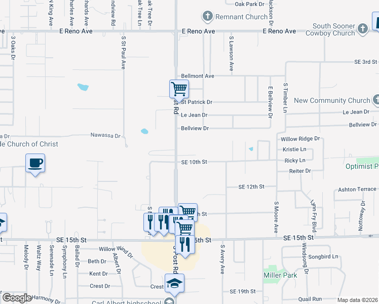 map of restaurants, bars, coffee shops, grocery stores, and more near 10105 Forest Lane in Midwest City