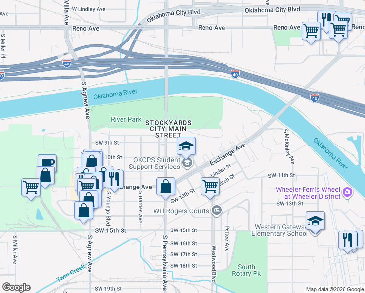 map of restaurants, bars, coffee shops, grocery stores, and more near 1716 Southwest 9th Street in Oklahoma City