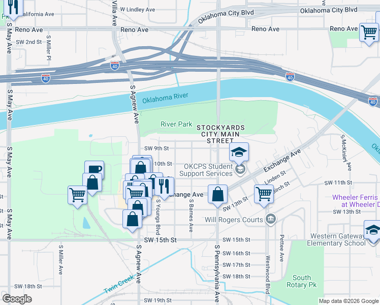 map of restaurants, bars, coffee shops, grocery stores, and more near 2018 Southwest 9th Street in Oklahoma City