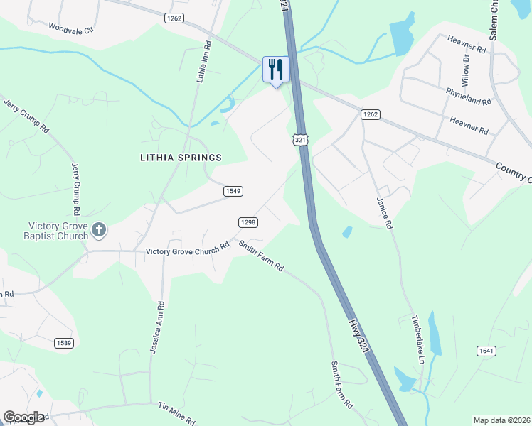 map of restaurants, bars, coffee shops, grocery stores, and more near 764 Victory Grove Church Road in Lincolnton