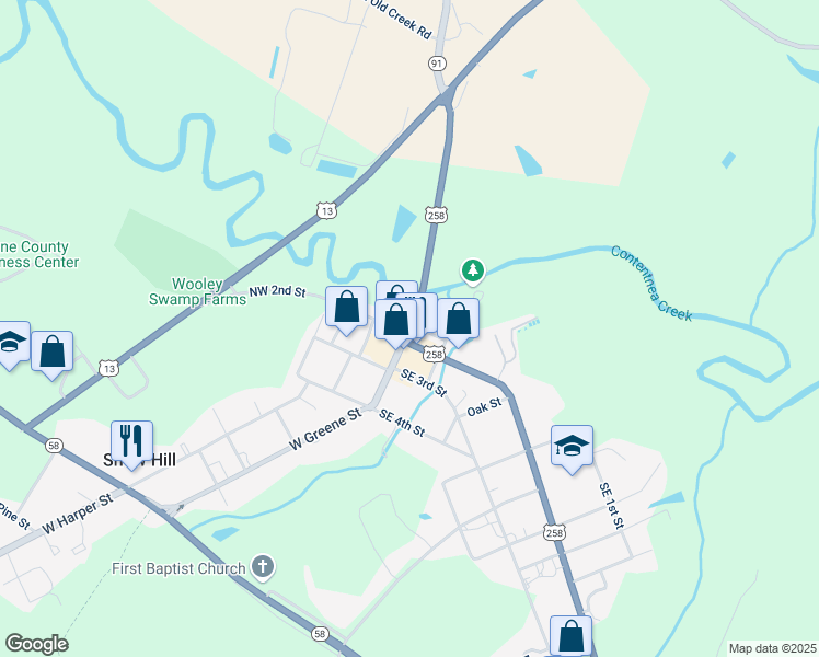 map of restaurants, bars, coffee shops, grocery stores, and more near 102 SE 1st St in Snow Hill