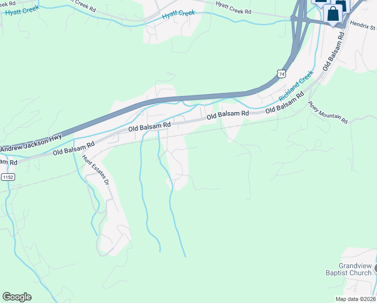 map of restaurants, bars, coffee shops, grocery stores, and more near 74 King Arthur Court in Waynesville