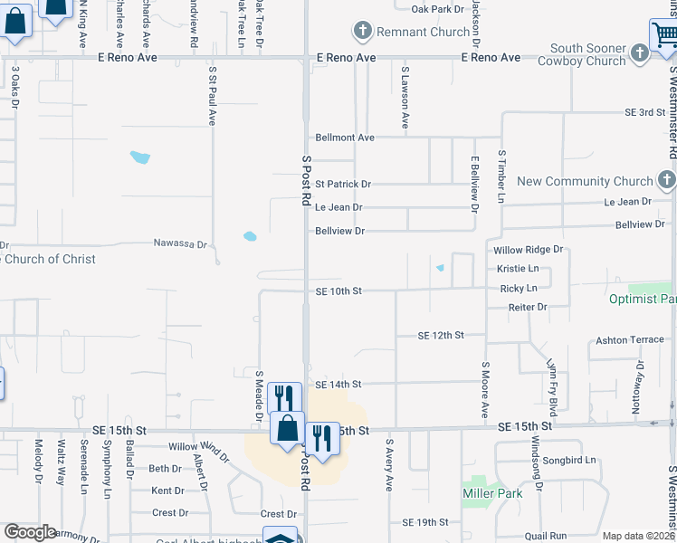 map of restaurants, bars, coffee shops, grocery stores, and more near 10105 Forest Lane in Midwest City