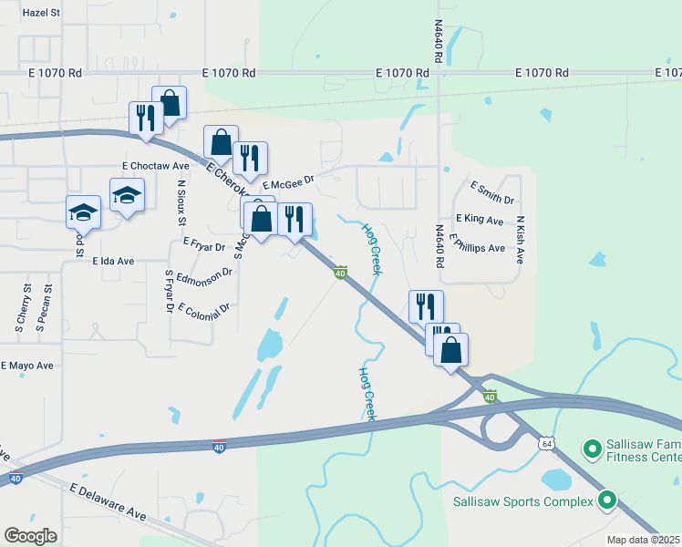 map of restaurants, bars, coffee shops, grocery stores, and more near East Cherokee Avenue in Sallisaw