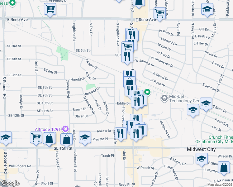 map of restaurants, bars, coffee shops, grocery stores, and more near 1916 Sandra Drive in Midwest City