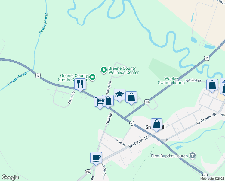 map of restaurants, bars, coffee shops, grocery stores, and more near 105 Lakeshore Drive in Snow Hill