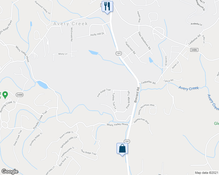 map of restaurants, bars, coffee shops, grocery stores, and more near 47 Pine Ridge Trail in Arden