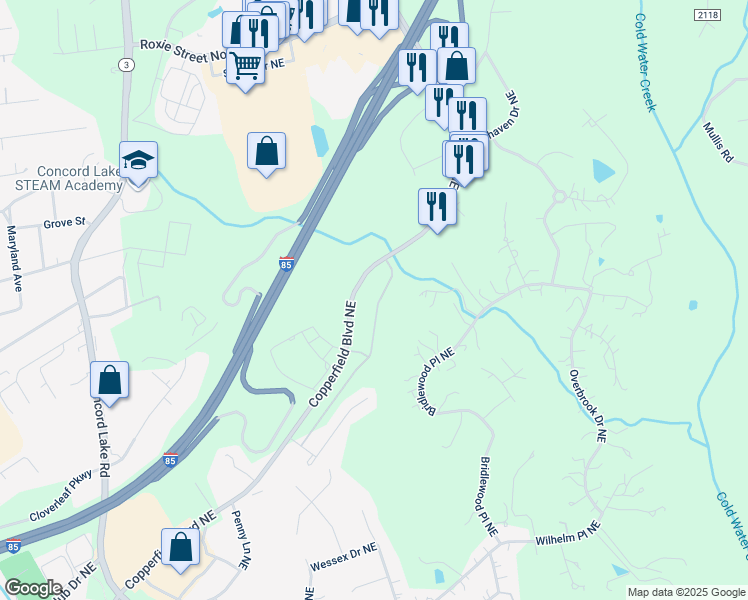 map of restaurants, bars, coffee shops, grocery stores, and more near 645 Amalia Street Northeast in Concord