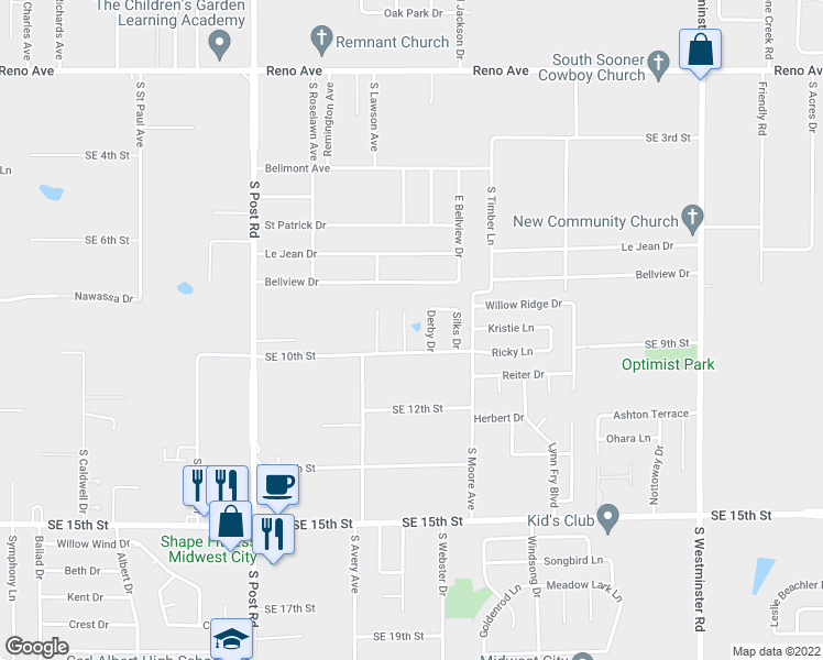 map of restaurants, bars, coffee shops, grocery stores, and more near 916 Ruby Lane in Midwest City