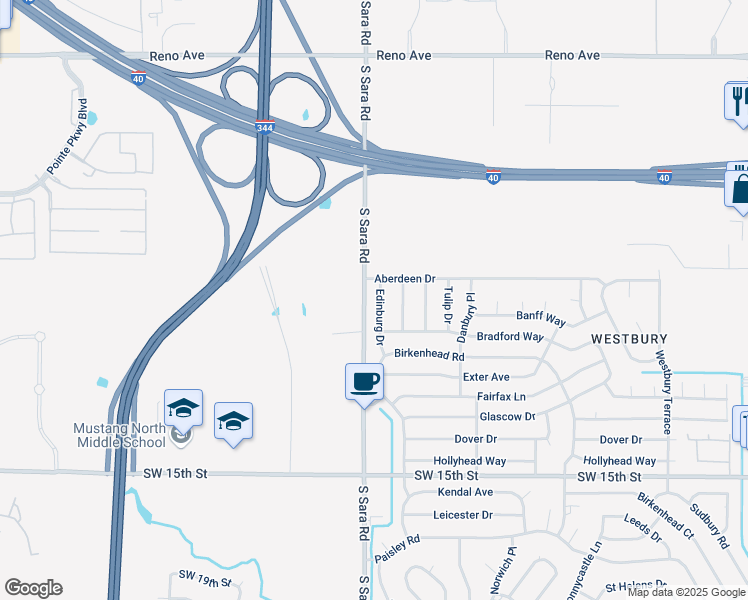 map of restaurants, bars, coffee shops, grocery stores, and more near 917 Edinburg Drive in Yukon