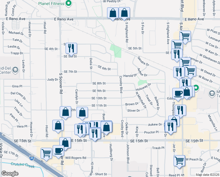 map of restaurants, bars, coffee shops, grocery stores, and more near 6212 Southeast 9th Street in Midwest City