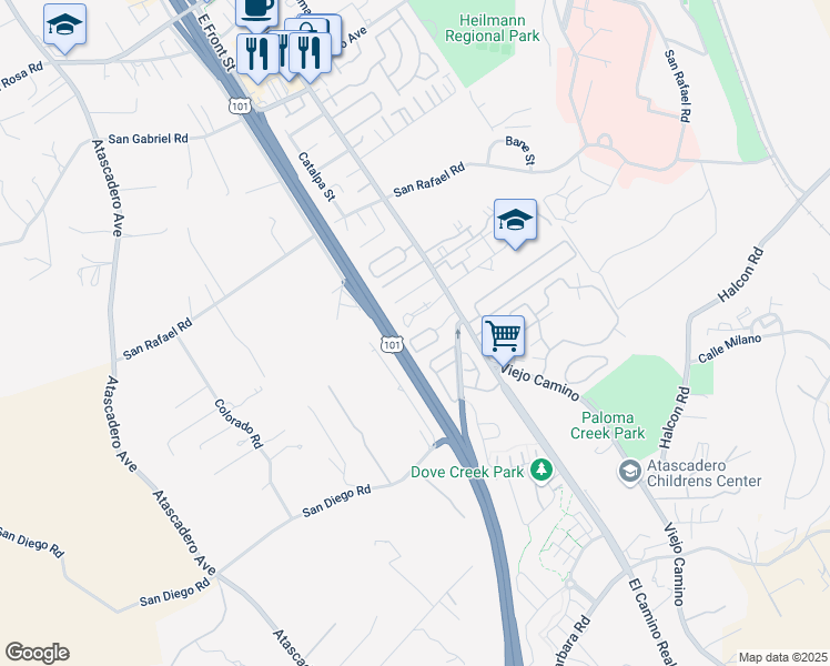 map of restaurants, bars, coffee shops, grocery stores, and more near 1010 La Costa Court in Atascadero