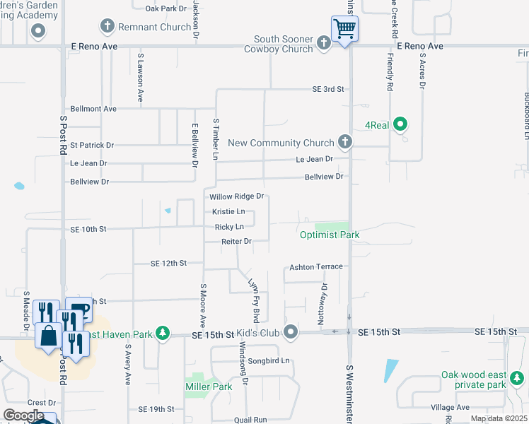 map of restaurants, bars, coffee shops, grocery stores, and more near 927 Choctaw Ridge Road in Midwest City