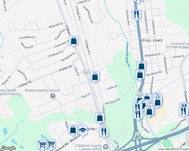 map of restaurants, bars, coffee shops, grocery stores, and more near 2716 South Ridge Avenue in Concord