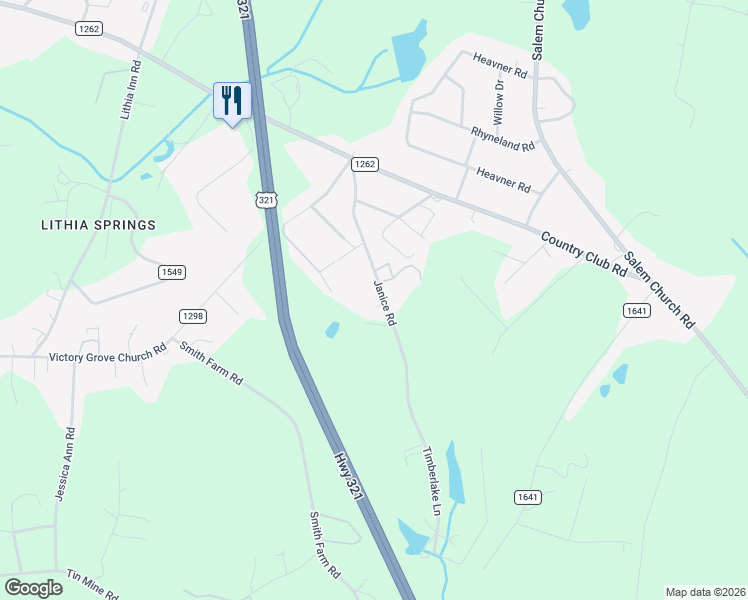 map of restaurants, bars, coffee shops, grocery stores, and more near 1310 Janice Road in Lincolnton