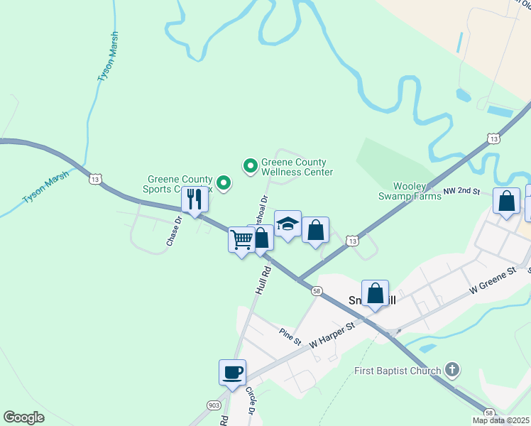 map of restaurants, bars, coffee shops, grocery stores, and more near 107 Pineshoal Drive in Snow Hill