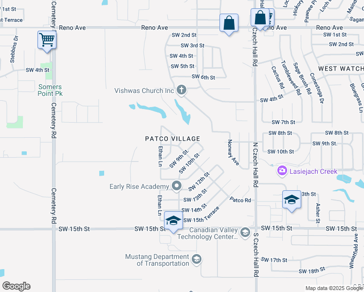 map of restaurants, bars, coffee shops, grocery stores, and more near 908 Shady Creek Lane in Yukon