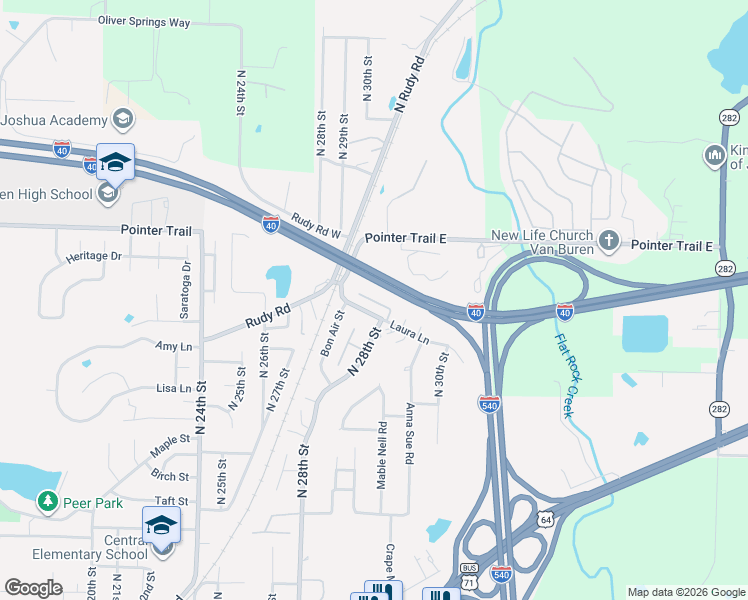 map of restaurants, bars, coffee shops, grocery stores, and more near 2733 Laura Lane in Van Buren