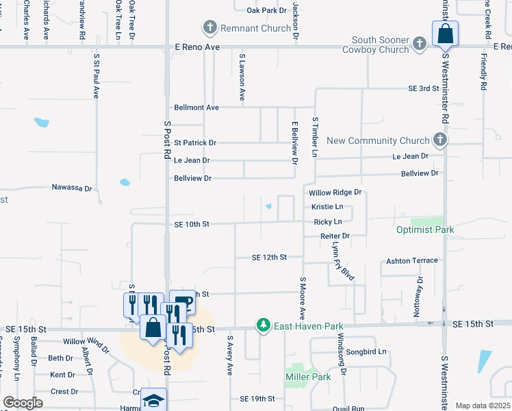 map of restaurants, bars, coffee shops, grocery stores, and more near 920 Ruby Lane in Midwest City