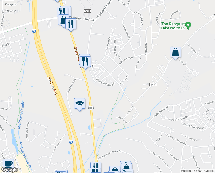 map of restaurants, bars, coffee shops, grocery stores, and more near 8911 Washam Potts Road in Cornelius