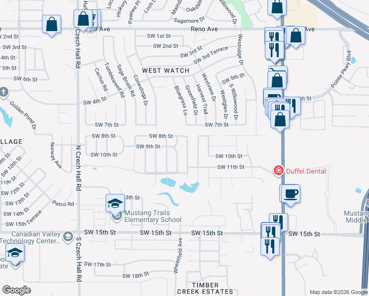 map of restaurants, bars, coffee shops, grocery stores, and more near 1009 Chestnut Creek Drive in Yukon