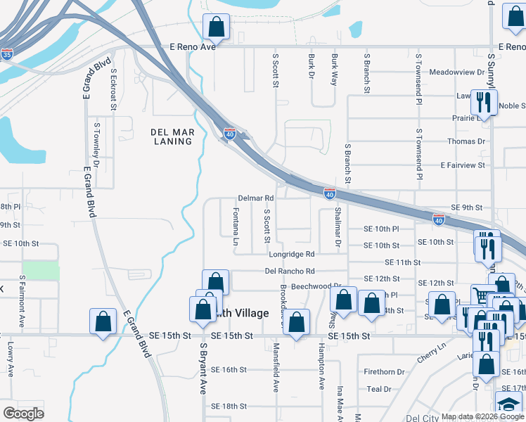 map of restaurants, bars, coffee shops, grocery stores, and more near 824 South Scott Street in Del City