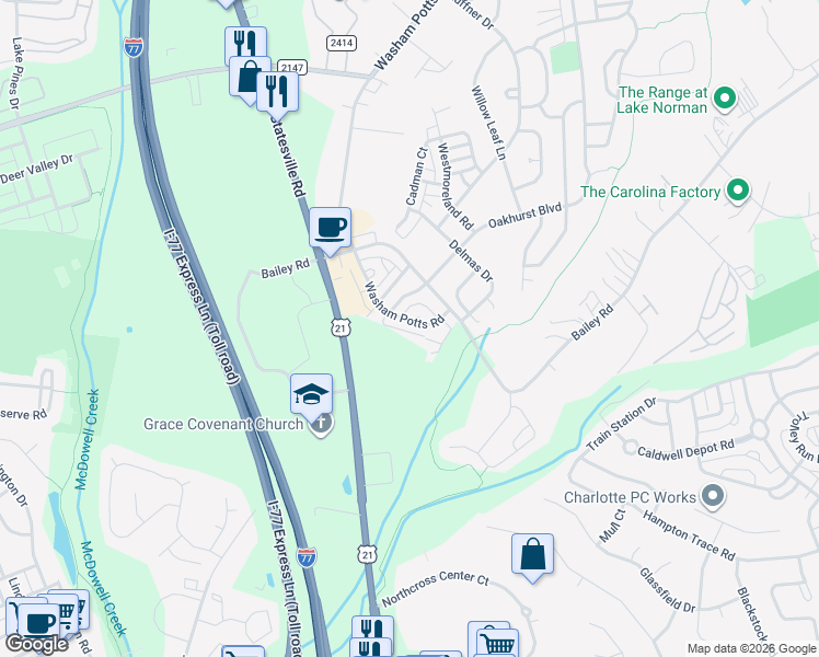 map of restaurants, bars, coffee shops, grocery stores, and more near 8911 Washam Potts Road in Cornelius