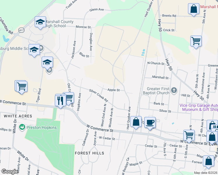 map of restaurants, bars, coffee shops, grocery stores, and more near 1127 Apple Street in Lewisburg