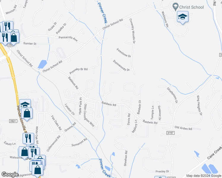 map of restaurants, bars, coffee shops, grocery stores, and more near 30 Fieldtop Lane in Arden