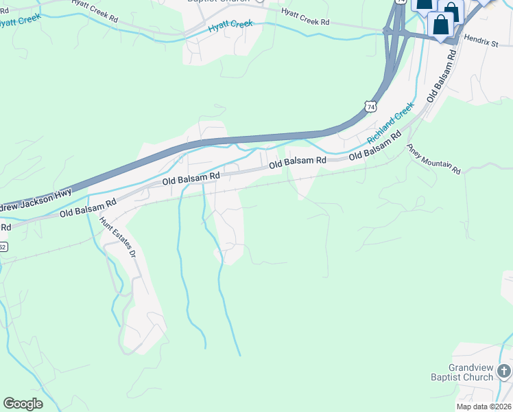 map of restaurants, bars, coffee shops, grocery stores, and more near 74 King Arthur Court in Waynesville