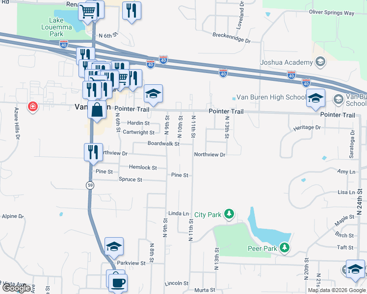 map of restaurants, bars, coffee shops, grocery stores, and more near 1420 North 10th Street in Van Buren