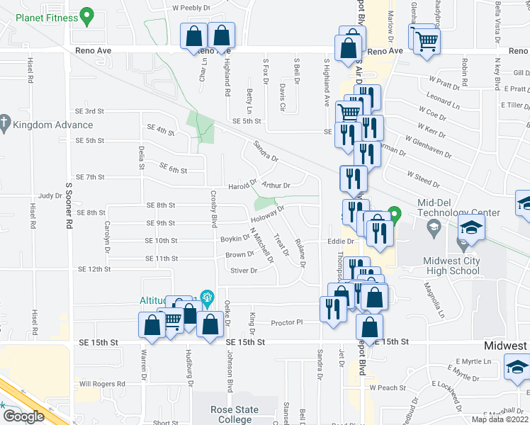 map of restaurants, bars, coffee shops, grocery stores, and more near 813 Holoway Drive in Midwest City