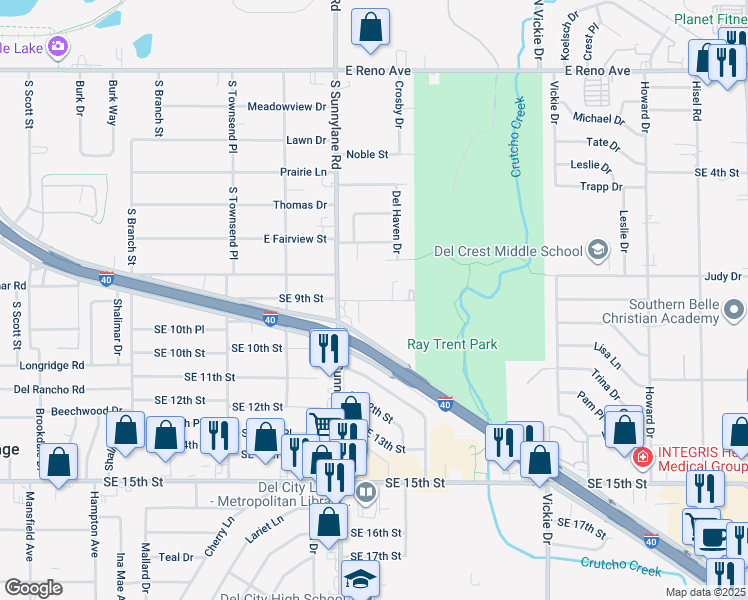 map of restaurants, bars, coffee shops, grocery stores, and more near 4312 Vfw Drive in Del City