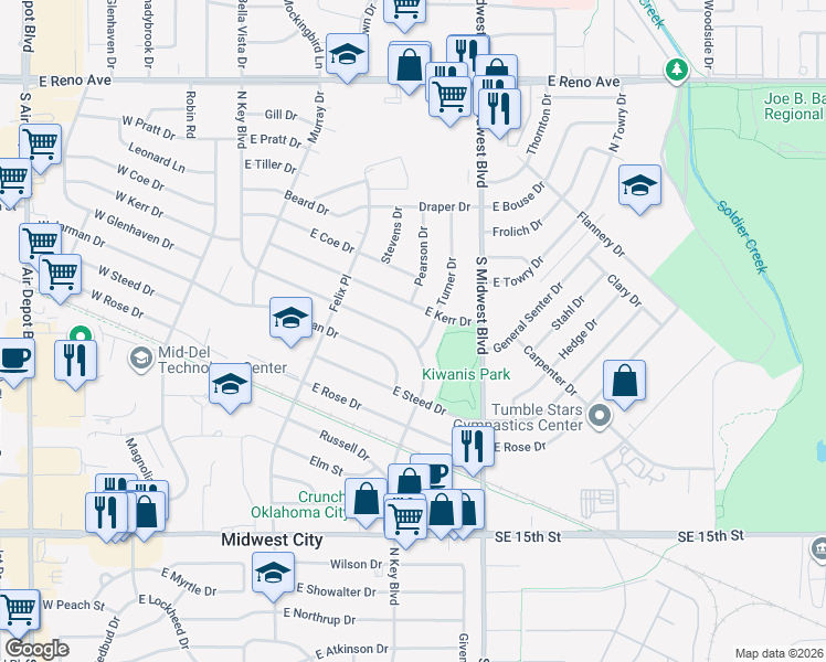 map of restaurants, bars, coffee shops, grocery stores, and more near 1904 Turner Drive in Midwest City