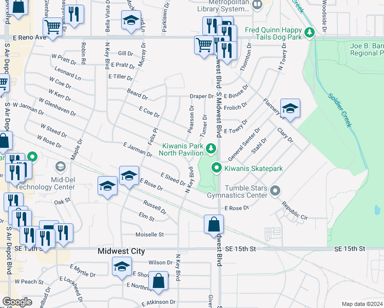 map of restaurants, bars, coffee shops, grocery stores, and more near 1915 Turner Drive in Midwest City