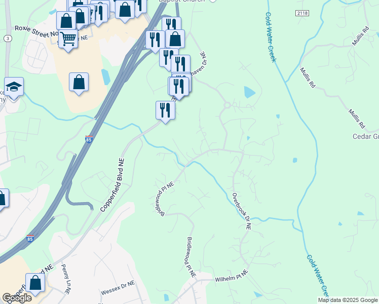 map of restaurants, bars, coffee shops, grocery stores, and more near 93 Bridlewood Place Northeast in Concord
