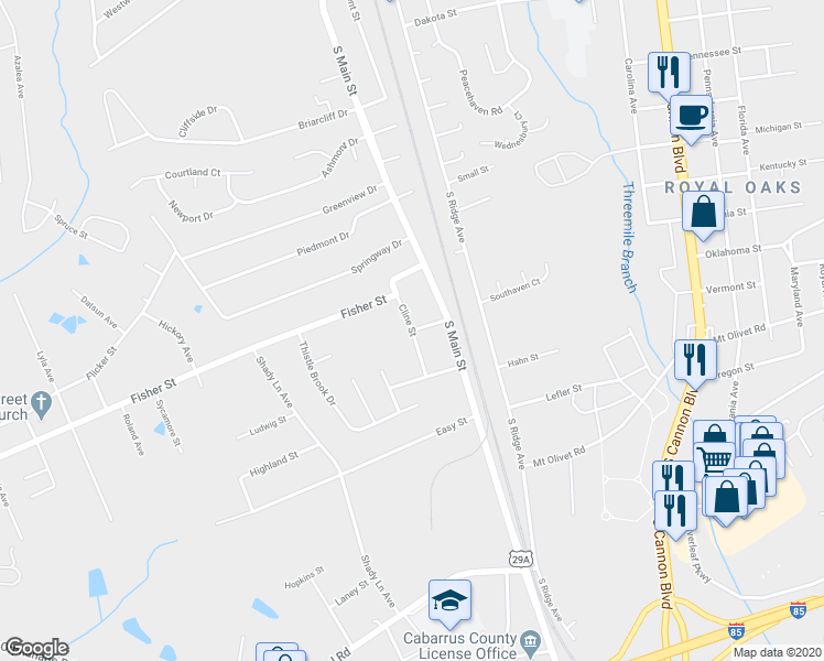 map of restaurants, bars, coffee shops, grocery stores, and more near Cline Street in Concord